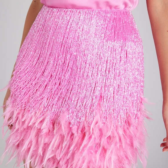 NWT Nadine Merabi Sara Pink Beaded Fringe Feathered Skirt Size XS/2 - Picture 10 of 13